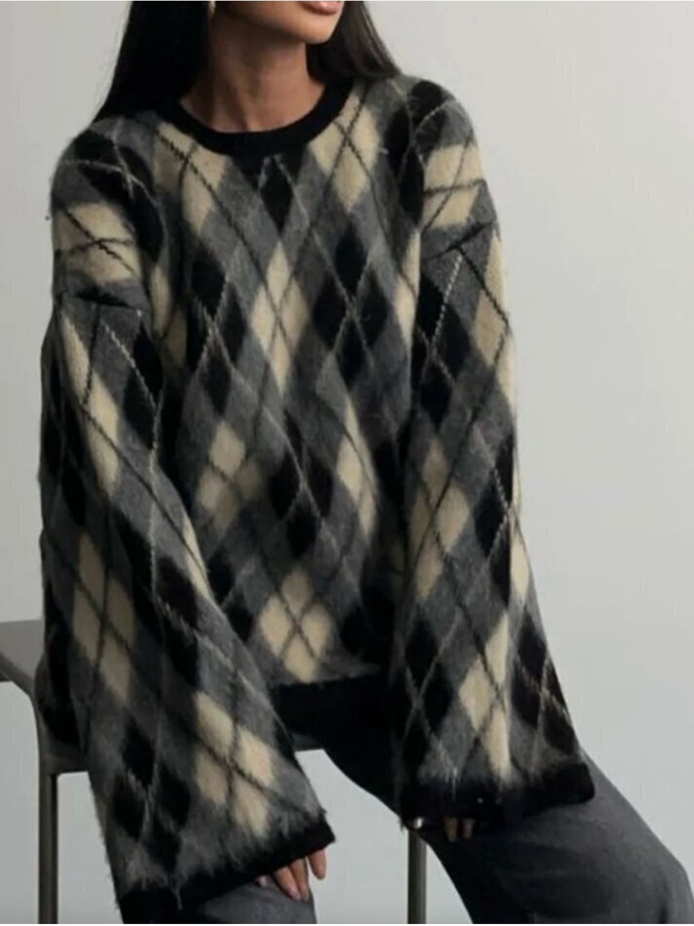 Zara Black & White Argyle Crewneck Sweater